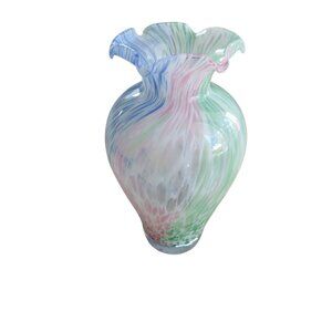 Murano Lavorazione Italian Pastel Art Glass Vase Pink Blue Green Splatter 8"